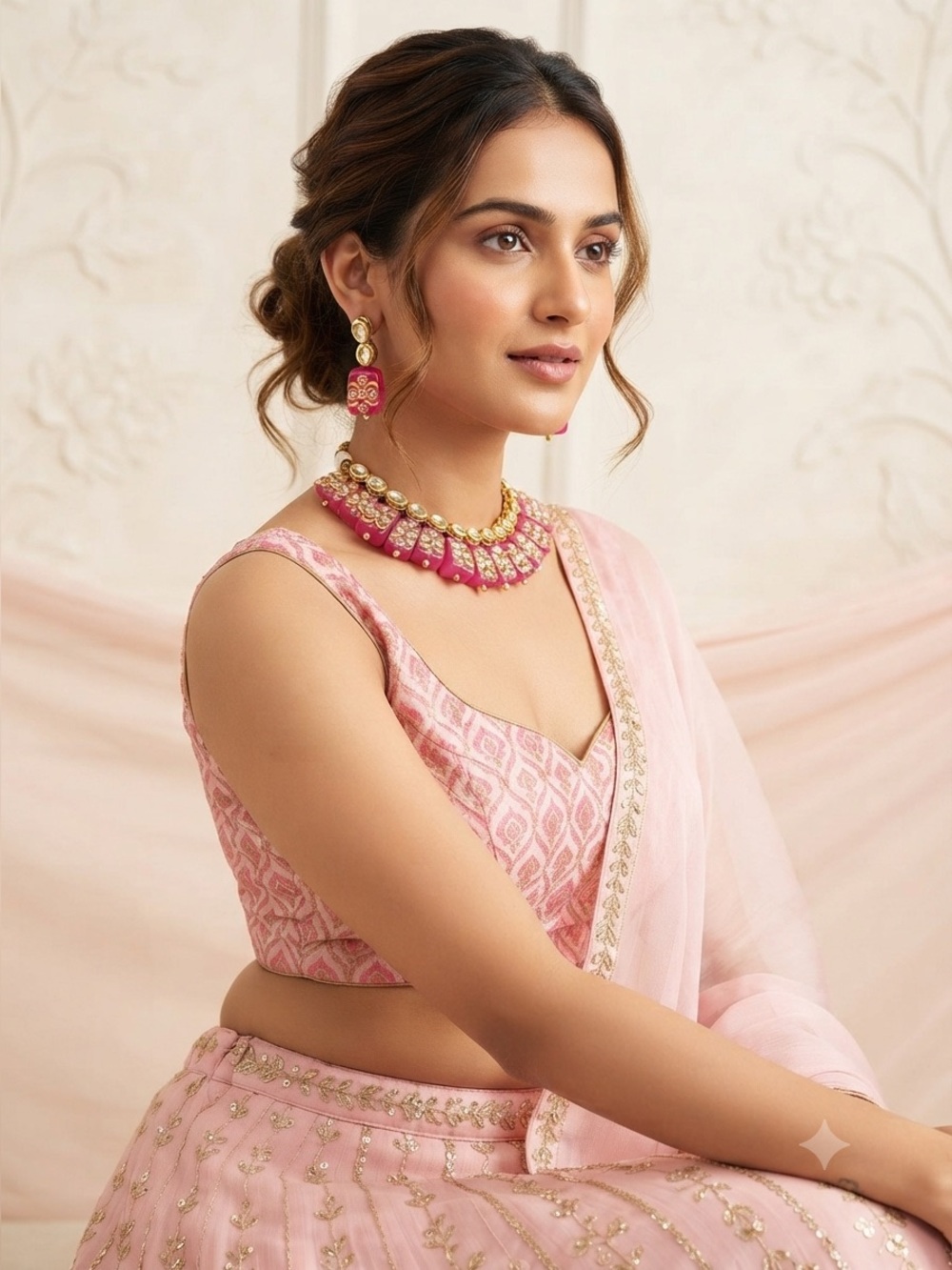Kundan Pink Beaded Choker Necklace Set | Indian Floral Statement Jewelry - Picture 4 of 9